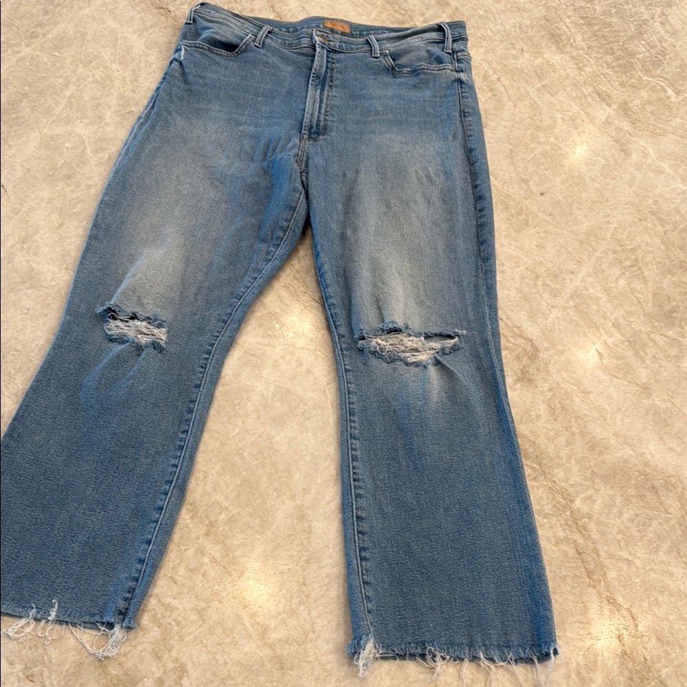 MOTHER Blue Flare Wide Leg Jeans with Distressed Details